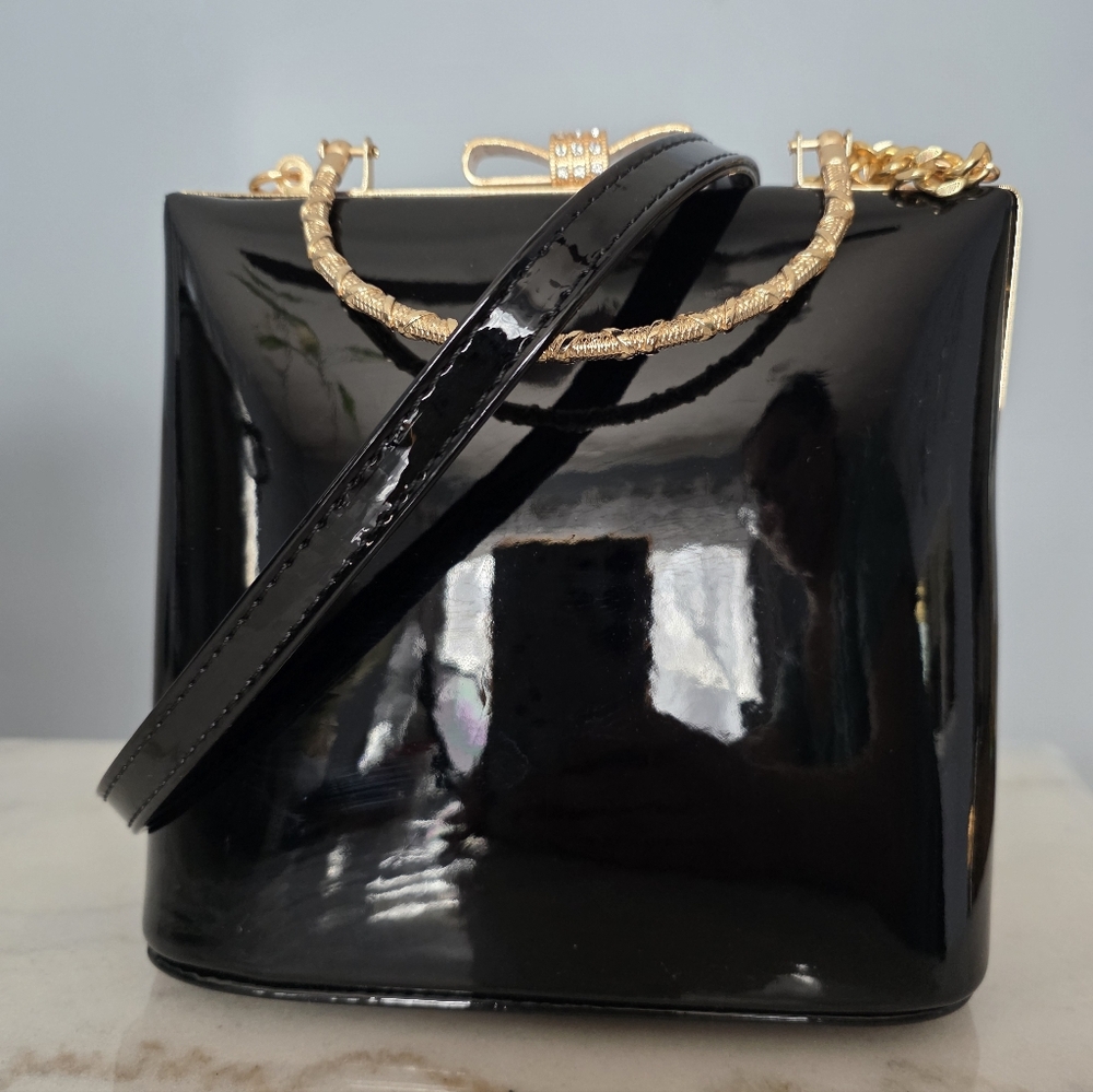Black Patent Evening Purse with Gold Bow Clasp and Chain Strap